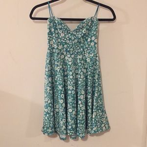 Blue-green strapless floral dress
